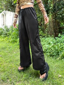 SHEIN ICON Grunge Solid Drawstring Waist Parachute Trousers - Black - View 3