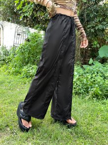 SHEIN ICON Grunge Solid Drawstring Waist Parachute Trousers - Black - View 4