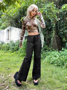 SHEIN ICON Grunge Solid Drawstring Waist Parachute Trousers - Black - View 5