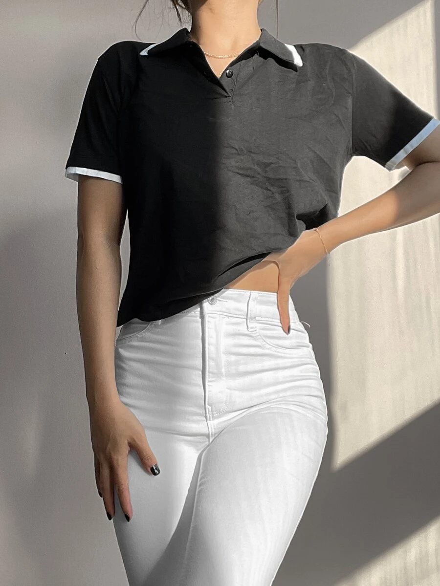 EURMUSE Contrast Trim Polo Neck Tee - Black - View 1