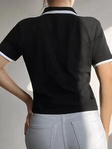 EURMUSE Contrast Trim Polo Neck Tee - Black - View 2