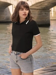 EURMUSE Contrast Trim Polo Neck Tee - Black - View 3