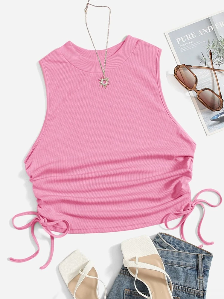 SHEIN EZwear พลัส เสื้อกล้าม ผ้าริบถัก สายรัด จับจีบ - สีชมพู - ดู 1