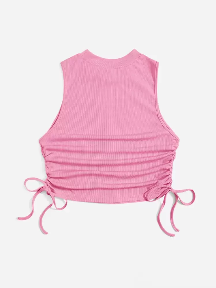 SHEIN EZwear พลัส เสื้อกล้าม ผ้าริบถัก สายรัด จับจีบ - สีชมพู - ดู 2