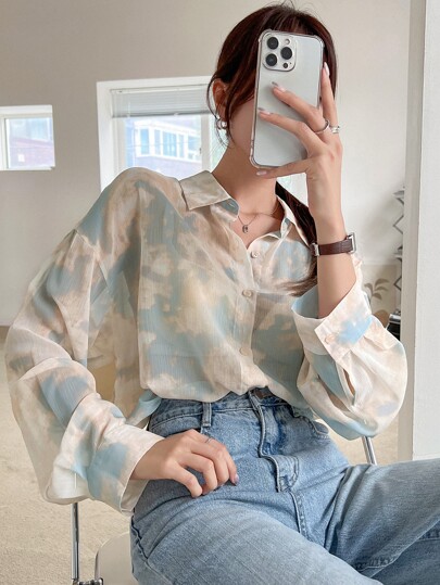 T-shirt à épaules tombantes tie dye, Top à manches longues avec imprimé graphique, vêtements d'automne