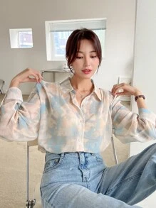 DAZY Tie Dye Drop Shoulder Shirt,Fall Clothes Long Sleeve Top Graphic Tee - Multicolor - View 3