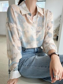 DAZY Tie Dye Drop Shoulder Shirt,Fall Clothes Long Sleeve Top Graphic Tee - Multicolor - View 5