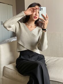 DAZY Rib-knit Wrap Cross Raglan Sleeve Crop Jumper - Apricot - View 8