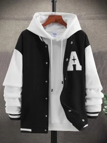 Aesthetic Post 男款寬鬆字母圖形雙色拼接偏肩棒球外套（無連帽款） - 黑與白 - 查看 1