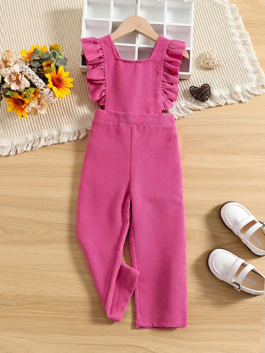 Toddler Girls Ruffle Trim Corduroy Overall Jumpsuit - Hot Pink - View 1