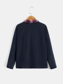 SHEIN Boys Contrast Plaid Collar Polo Shirt - Navy Blue - View 2