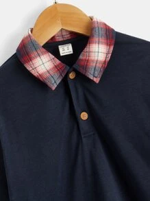 SHEIN Boys Contrast Plaid Collar Polo Shirt - Navy Blue - View 3