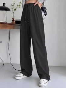 Drawstring Waist Straight Leg Joggers - Black - View 2