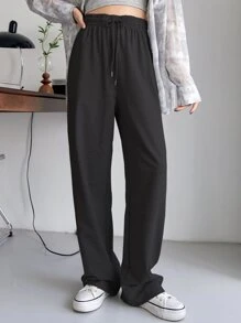 Drawstring Waist Straight Leg Joggers - Black - View 3