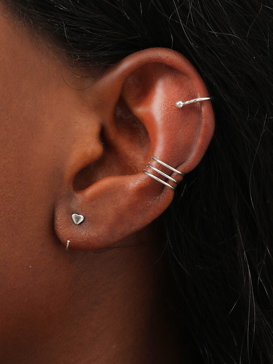 2 piezas Arete con adorno de corazón & 4 piezas Cuff de oreja - Plata antigua - Ver 1