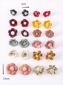 12對假珍珠裝飾花朵耳釘 - 彩色 - 查看 4