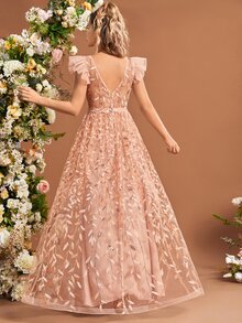 蝴蝶袖亮片树叶刺绣网眼伴娘服优雅连衣裙