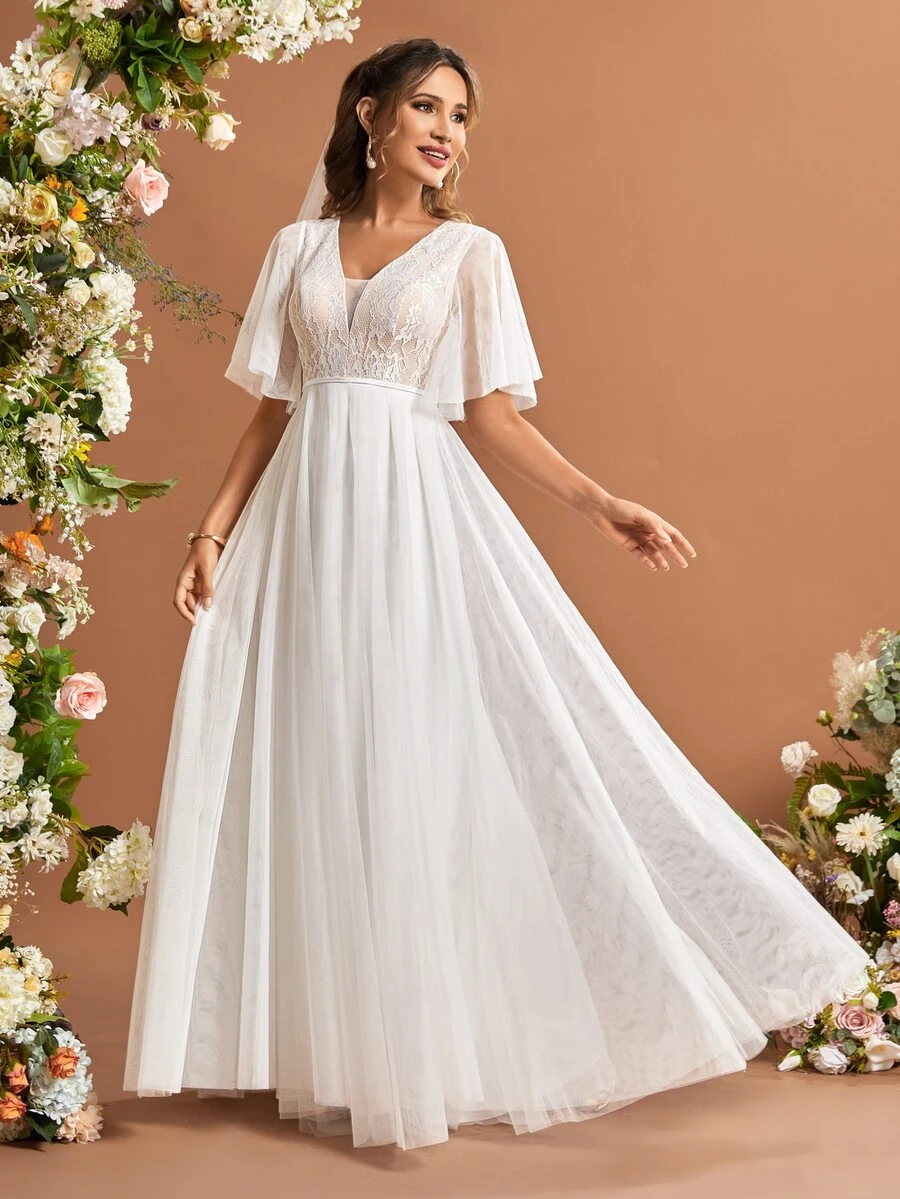 Contrast Lace Butterfly Sleeve Mesh Wedding Dress Without Veil - White - View 1