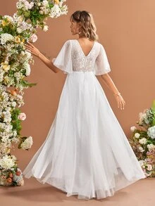 Contrast Lace Butterfly Sleeve Mesh Wedding Dress Without Veil - White - View 2