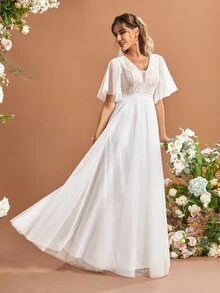 Contrast Lace Butterfly Sleeve Mesh Wedding Dress Without Veil - White - View 3
