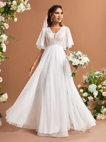 Contrast Lace Butterfly Sleeve Mesh Wedding Dress Without Veil - White - View 4