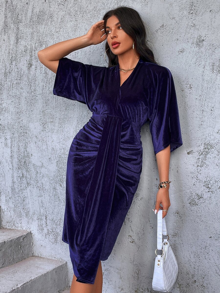 SHEIN Unity 褶邊下擺開叉蝙蝠袖連衣裙 - 藏蓝色 - 查看 1