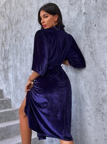 SHEIN Unity 褶邊下擺開叉蝙蝠袖連衣裙 - 藏蓝色 - 查看 2