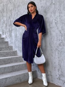 SHEIN Unity 褶邊下擺開叉蝙蝠袖連衣裙 - 藏蓝色 - 查看 3