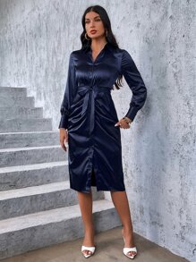 SHEIN Privé 褶邊前紐扣腰帶襯衫連衣裙 - 藏蓝色 - 查看 3