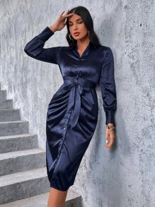 SHEIN Privé 褶邊前紐扣腰帶襯衫連衣裙 - 藏蓝色 - 查看 4