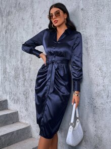 SHEIN Privé 褶邊前紐扣腰帶襯衫連衣裙 - 藏蓝色 - 查看 7