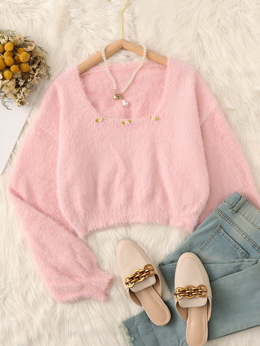 SHEIN Qutie Jersey aplique de hombros caídos de peluche - Rosa Pálido - Ver 1