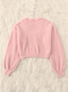 SHEIN Qutie Jersey aplique de hombros caídos de peluche - Rosa Pálido - Ver 2