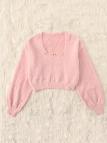 SHEIN Qutie Jersey aplique de hombros caídos de peluche - Rosa Pálido - Ver 3