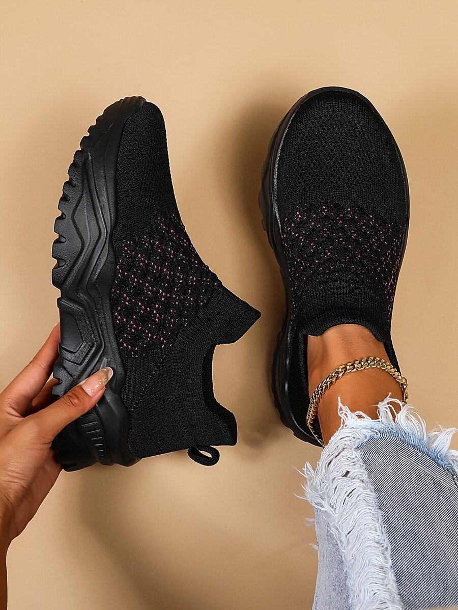 Women's Black Sporty Plain Chunky Shoes, Simple Slip-On Thick Bottom Sneakers - Black - View 1
