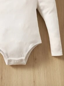 SHEIN Bodysuits Em bé Nút Xù Gân đan màu trơn - trắng - Xem 4