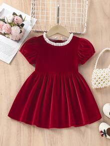 Baby Puff Sleeve Frill Neck Zipper Back Dress - Burgundy - View 8