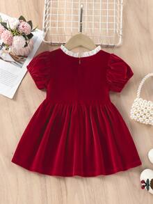 Baby Puff Sleeve Frill Neck Zipper Back Dress - Burgundy - View 2