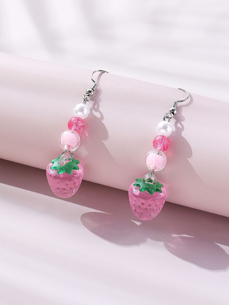 1雙甜美風Y2K風格草莓形狀串珠耳墜適合女士和女孩 - 粉色 - 查看 1