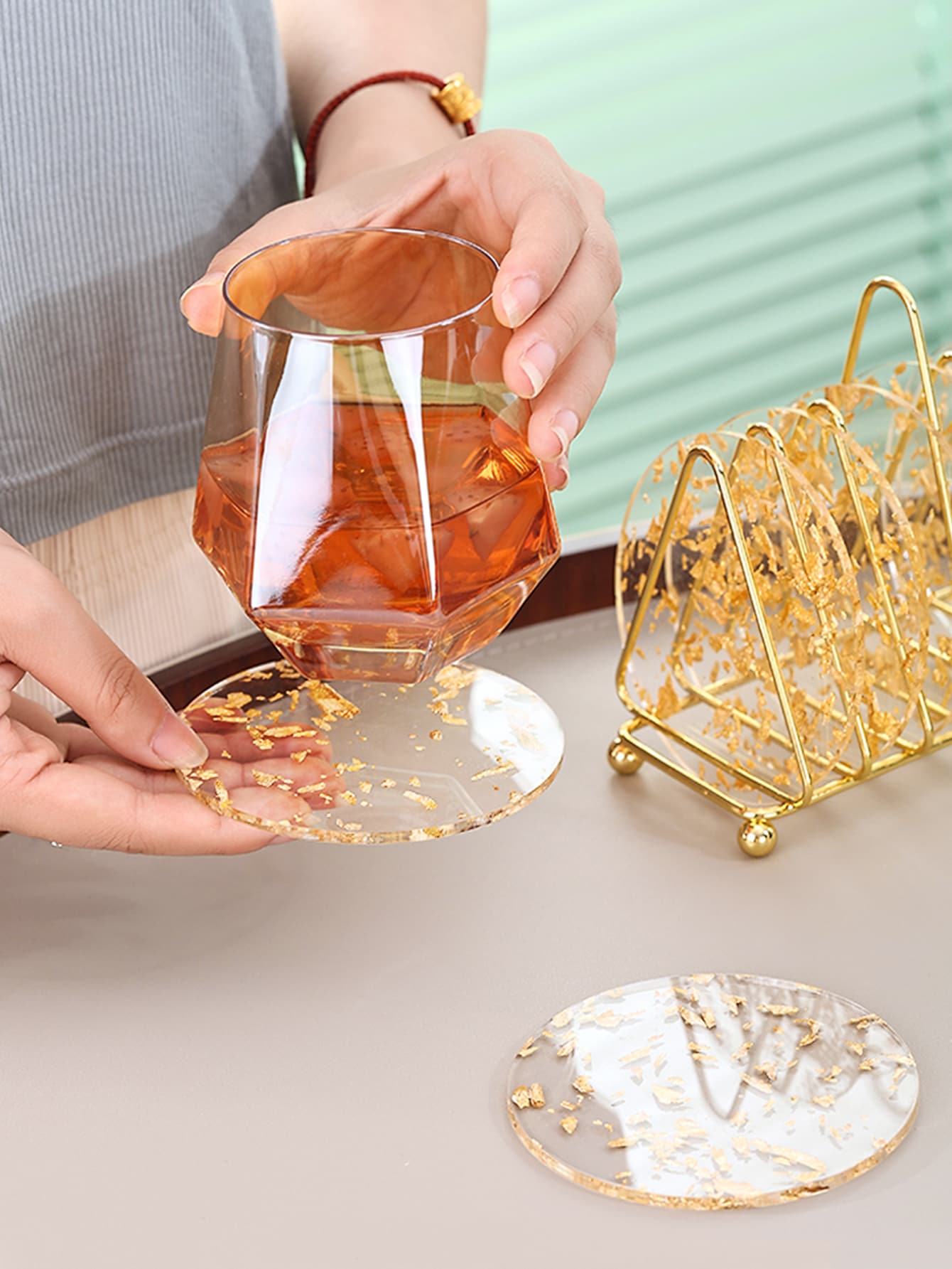 1pc Gold Foil Detail Coaster, Golden Leaf Table Cup Coaster - Gold - View 1