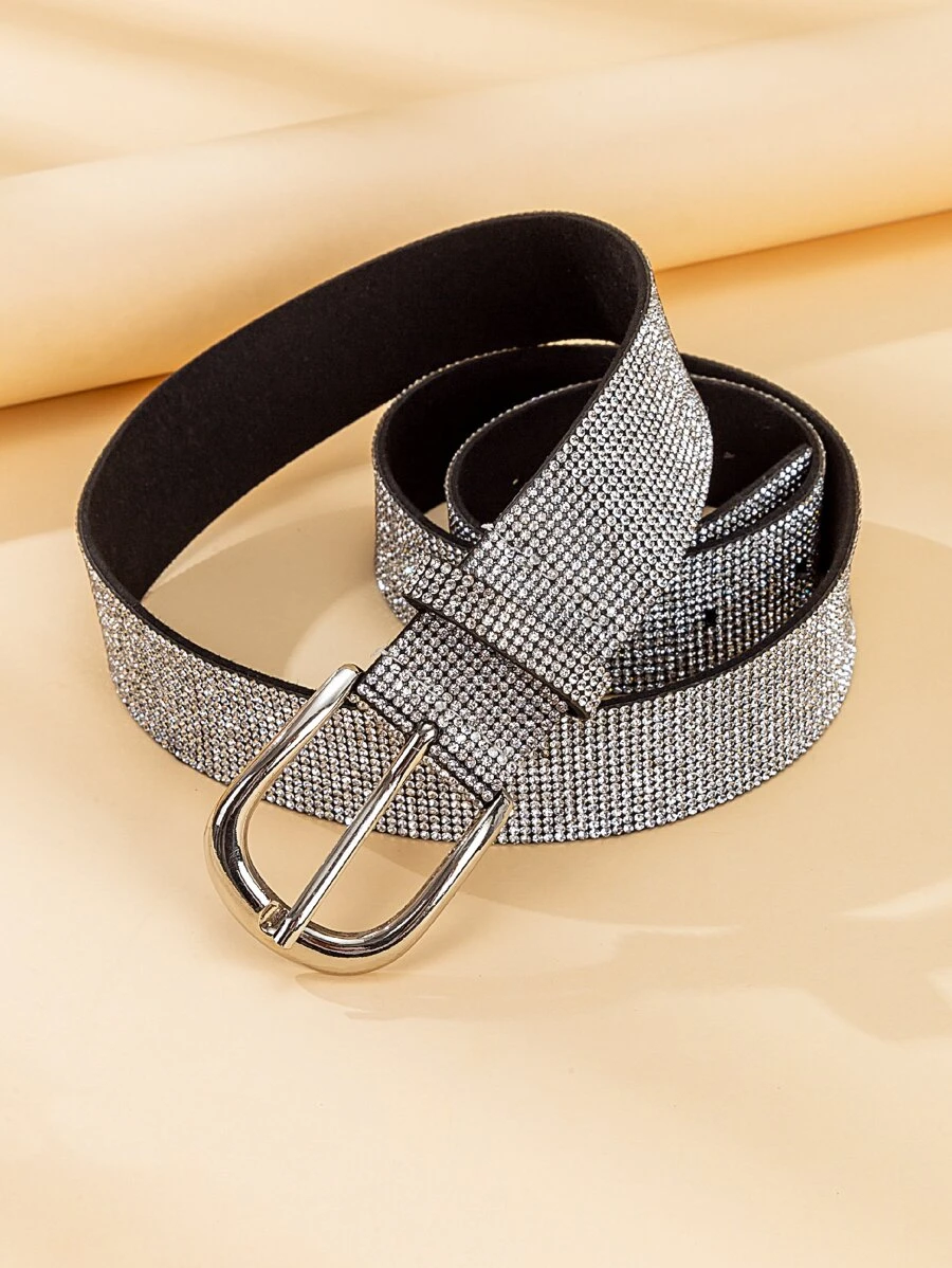 Rhinestone Decor Geometric Buckle Belt - Silver - View 1