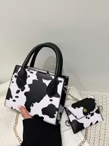 Bộ 2 túi xách họa tiết bò Bộ túi đeo chéo mini xích Túi tote vuông hợp thời trang có ví đựng tiền xu Túi vuông nhỏ họa tiết bò có ví đựng tiền xu, Ví họa tiết bò giản dị hợp thời trang dành cho nữ - Đen và trắng - Xem 1
