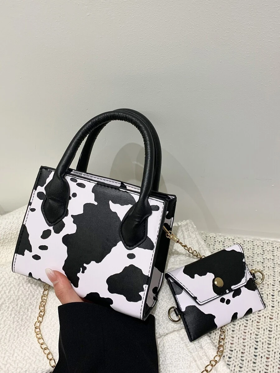 Bộ 2 túi xách họa tiết bò Bộ túi đeo chéo mini xích Túi tote vuông hợp thời trang có ví đựng tiền xu Túi vuông nhỏ họa tiết bò có ví đựng tiền xu, Ví họa tiết bò giản dị hợp thời trang dành cho nữ - Đen và trắng - Xem 1