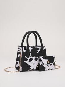 Bộ 2 túi xách họa tiết bò Bộ túi đeo chéo mini xích Túi tote vuông hợp thời trang có ví đựng tiền xu Túi vuông nhỏ họa tiết bò có ví đựng tiền xu, Ví họa tiết bò giản dị hợp thời trang dành cho nữ - Đen và trắng - Xem 5