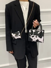 Bộ 2 túi xách họa tiết bò Bộ túi đeo chéo mini xích Túi tote vuông hợp thời trang có ví đựng tiền xu Túi vuông nhỏ họa tiết bò có ví đựng tiền xu, Ví họa tiết bò giản dị hợp thời trang dành cho nữ - Đen và trắng - Xem 7