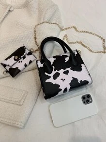 Bộ 2 túi xách họa tiết bò Bộ túi đeo chéo mini xích Túi tote vuông hợp thời trang có ví đựng tiền xu Túi vuông nhỏ họa tiết bò có ví đựng tiền xu, Ví họa tiết bò giản dị hợp thời trang dành cho nữ - Đen và trắng - Xem 8