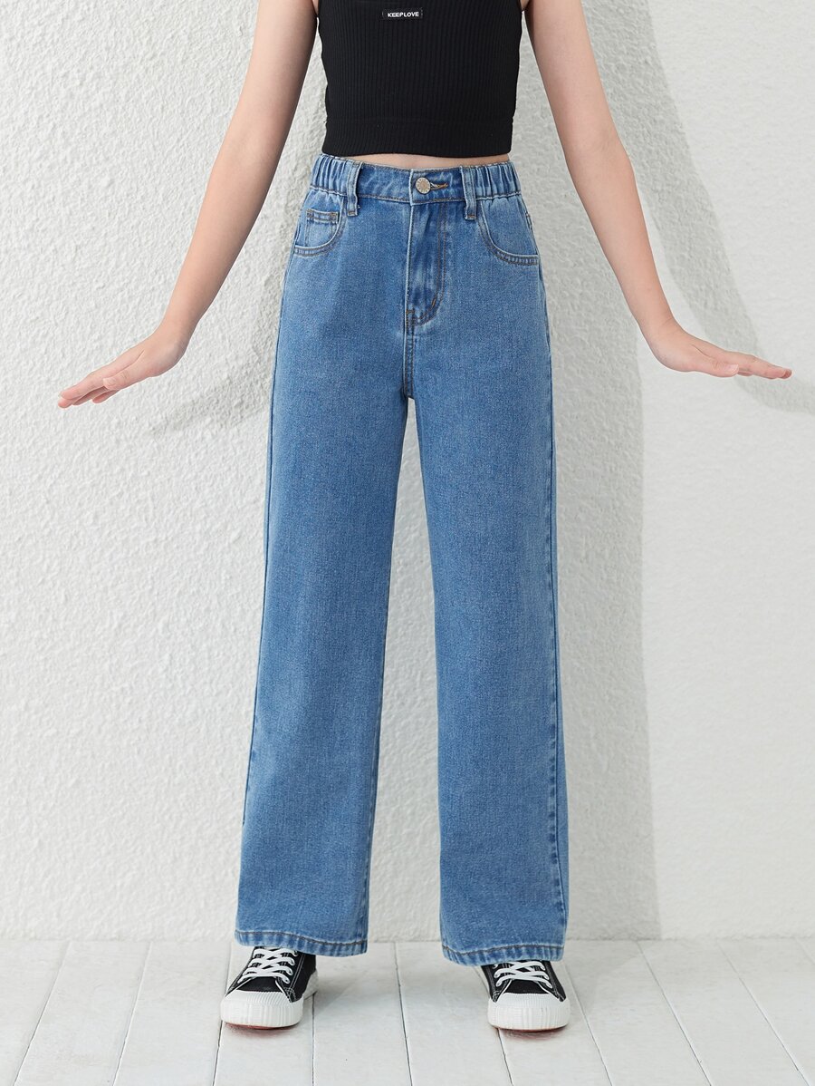Jeans De Pierna Recta Para Niñas Adolescentes - Azul lavado medio - Ver 1