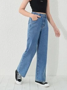 Jeans De Pierna Recta Para Niñas Adolescentes - Azul lavado medio - Ver 4