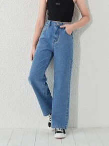 Jeans De Pierna Recta Para Niñas Adolescentes - Azul lavado medio - Ver 5