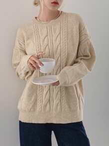 DAZY Drop Shoulder Cable Knit Jumper - Apricot - View 3